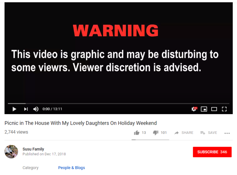 Как и в других видеороликах семейства Сусу, в его начале появляется предупреждение о том, что видео является «графическим и мешающим некоторым зрителям [sic]»