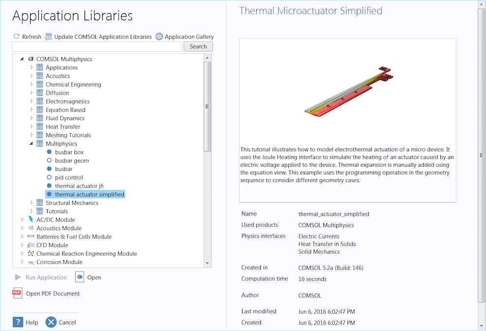 Бібліотека моделей додатків в COMSOL Multiphysics;  відкрита модель Thermal Actuator (Термоактуатор)