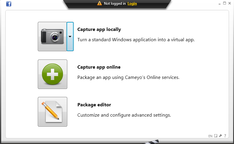 Потім потрібно натиснути на кнопку із зображенням фотоапарата (capture app locally), після чого програма Cameyo почне сканування системи