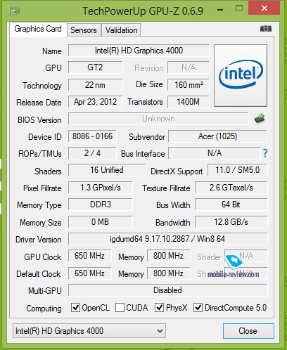 У моноблоці встановлений двоядерний процесор Intel Core i5 (Ivy Bridge), що працює на частоті 2,5 ГГц, об'єм оперативної пам'яті - 4 ГБ, в якості відеокарти використовується вбудована карта Intel HD 4000 і дискретна NVIDIA GeForce 640M