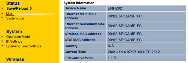 МAC адреса точки доступу можна подивитися в меню Main в поле Wireless MAC Address