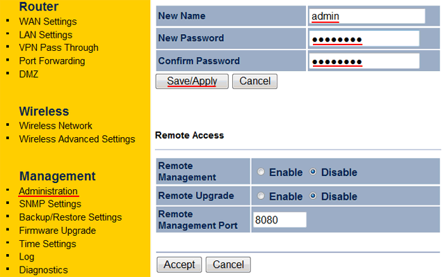 Ми залишили старе ім'я admin;   New Password: - введіть новий пароль для входу в настройки точки;   Confirm Password: - повторіть новий пароль;   Натисніть кнопку Save / Apply