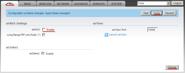 перейдіть на першу вкладку з логотипом Ubiquiti;   в поле airMAX: приберіть галочку з Enable;   натисніть кнопку Change для зміни налаштувань;   натисніть кнопку Apply вгорі сторінки для застосування налаштувань